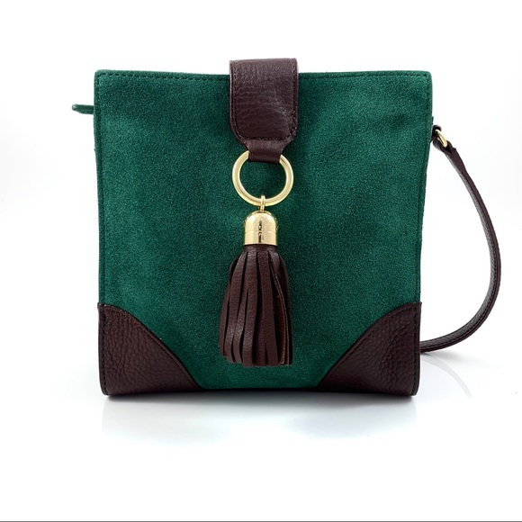 Talbots Handbags - TALBOTS green suede and brown leather tassel bag